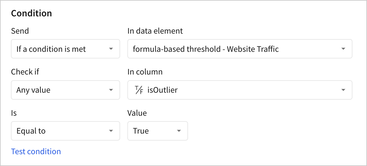 Conditional alert for an element configured to send if the isOutlier column is set to true as described in the surrounding text.