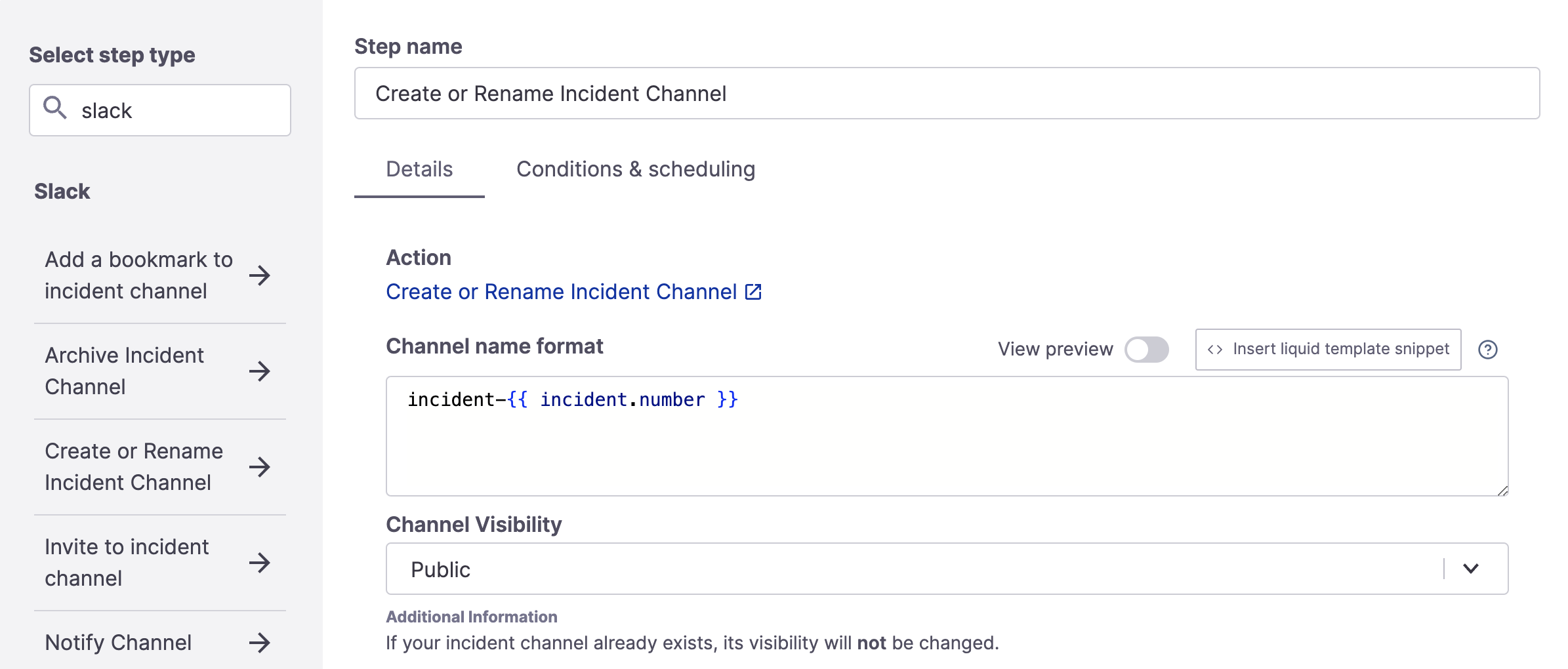 Slack "Create or Rename Incident Channel" step