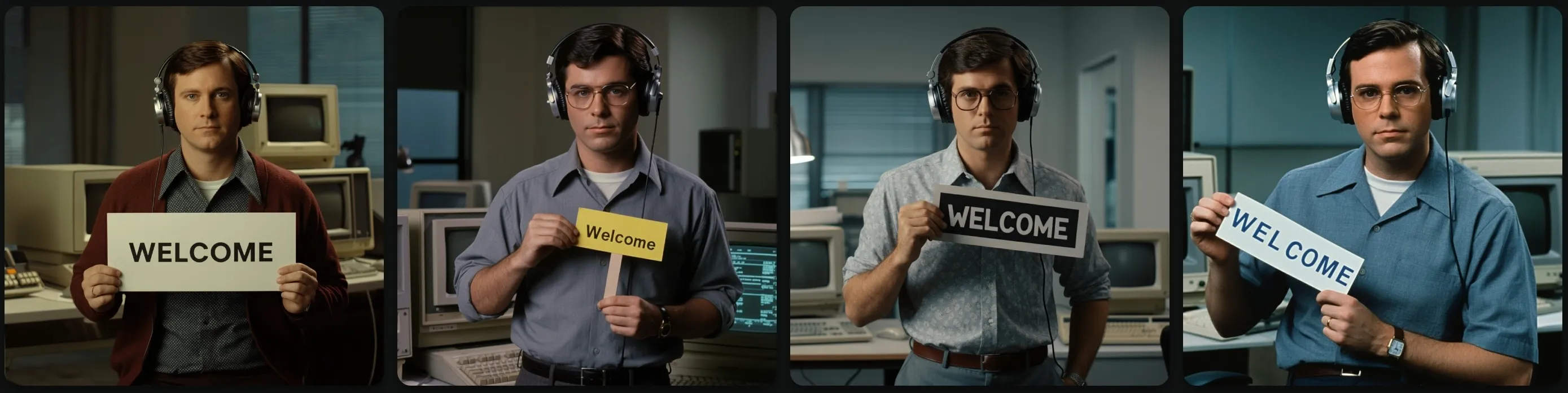 Prompt: Photo of a 80s software developer wearing headphones and holding a sign with text "welcome"