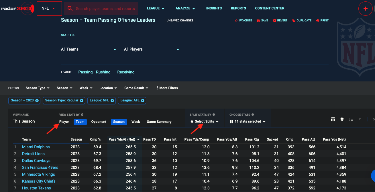 Click on "Player" under "View Stats By" or click the "Select Splits" dropdown