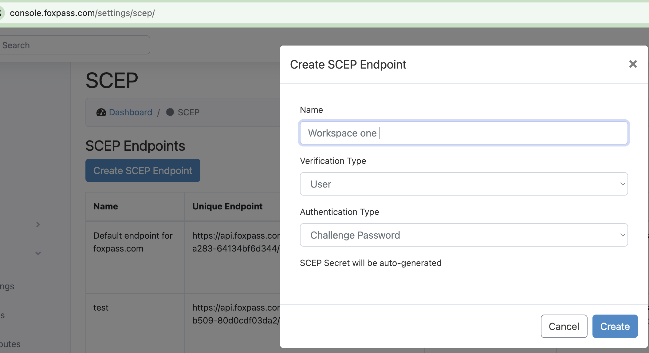 Create SCEP endpoint in Foxpass