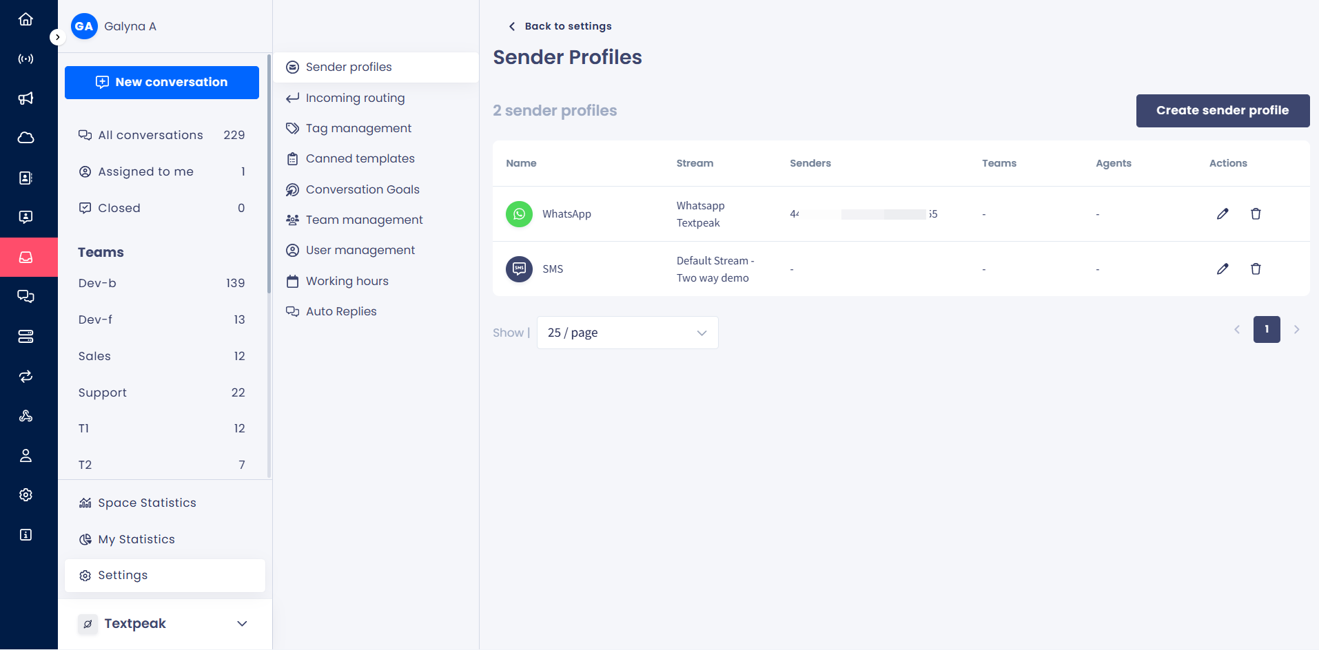 A screenshot of the Inbox > Settings > Sender Profiles page