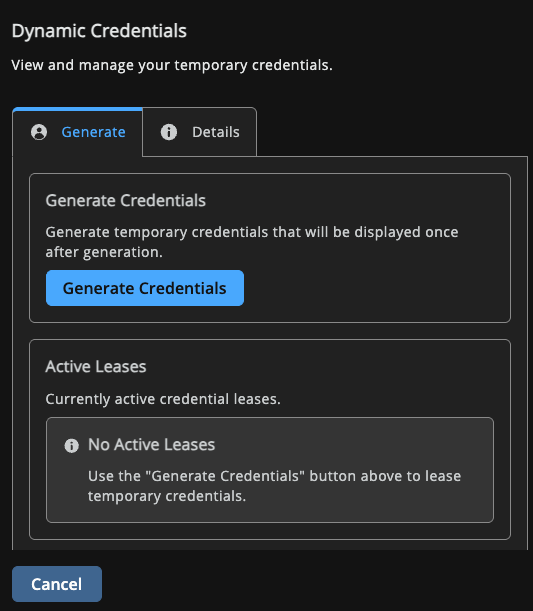 Dynamic Credentials panel with a Generate Credentials button and Active Leases list.