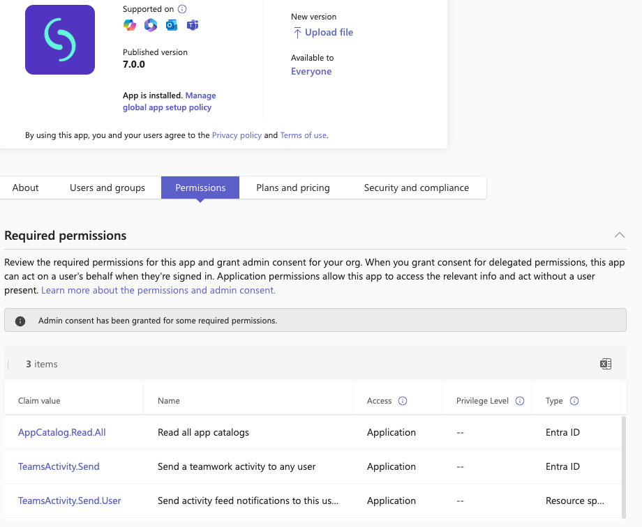 Verify in Teams App Admin that all permissions have been granted