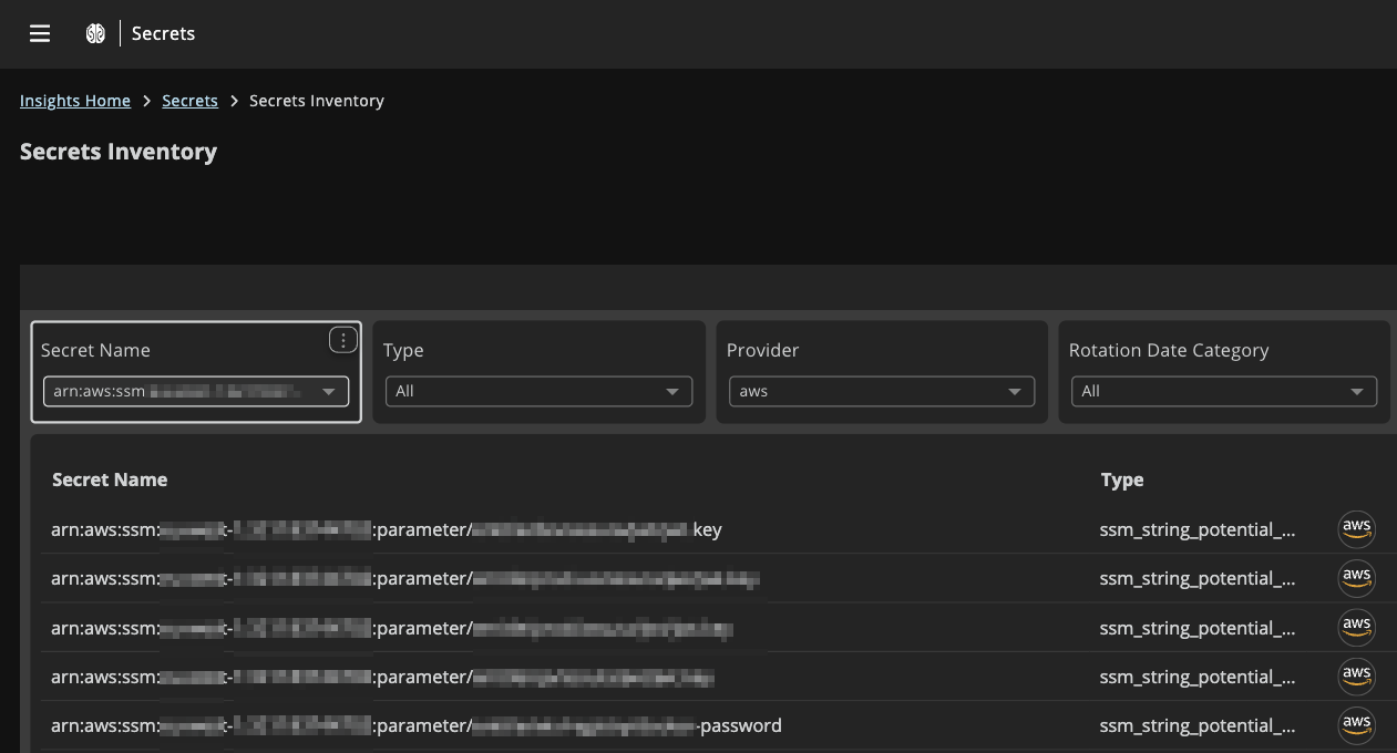 Secrets inventory displaying AWS secrets
