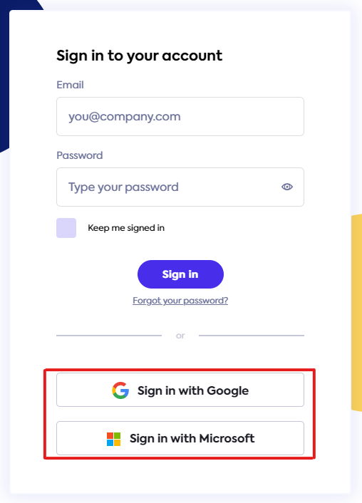 Sign-in modal with Microsoft and Google SSO options highlighted