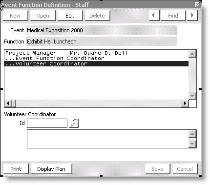 From Events, select Define an event, double-click an event, double-click an event function, click More, and select Staff