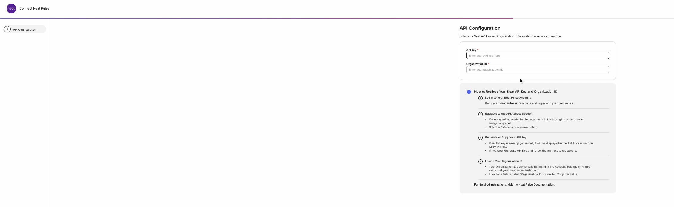The Authorize / credentials page (Neat Pulse API key + Organization ID).