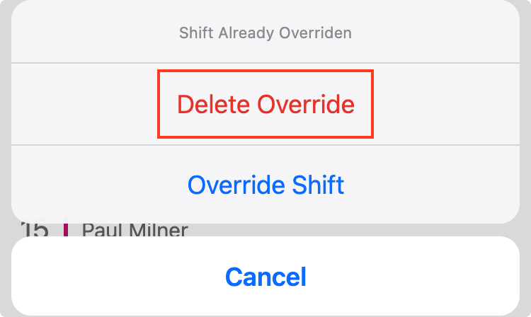 A screenshot of the PagerDuty mobile app showing how to delete an override