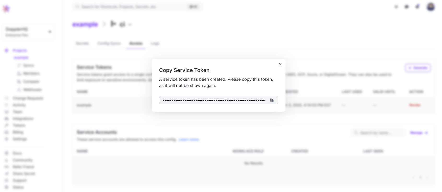 Screenshot of Doppler UI showing modal to copy service token