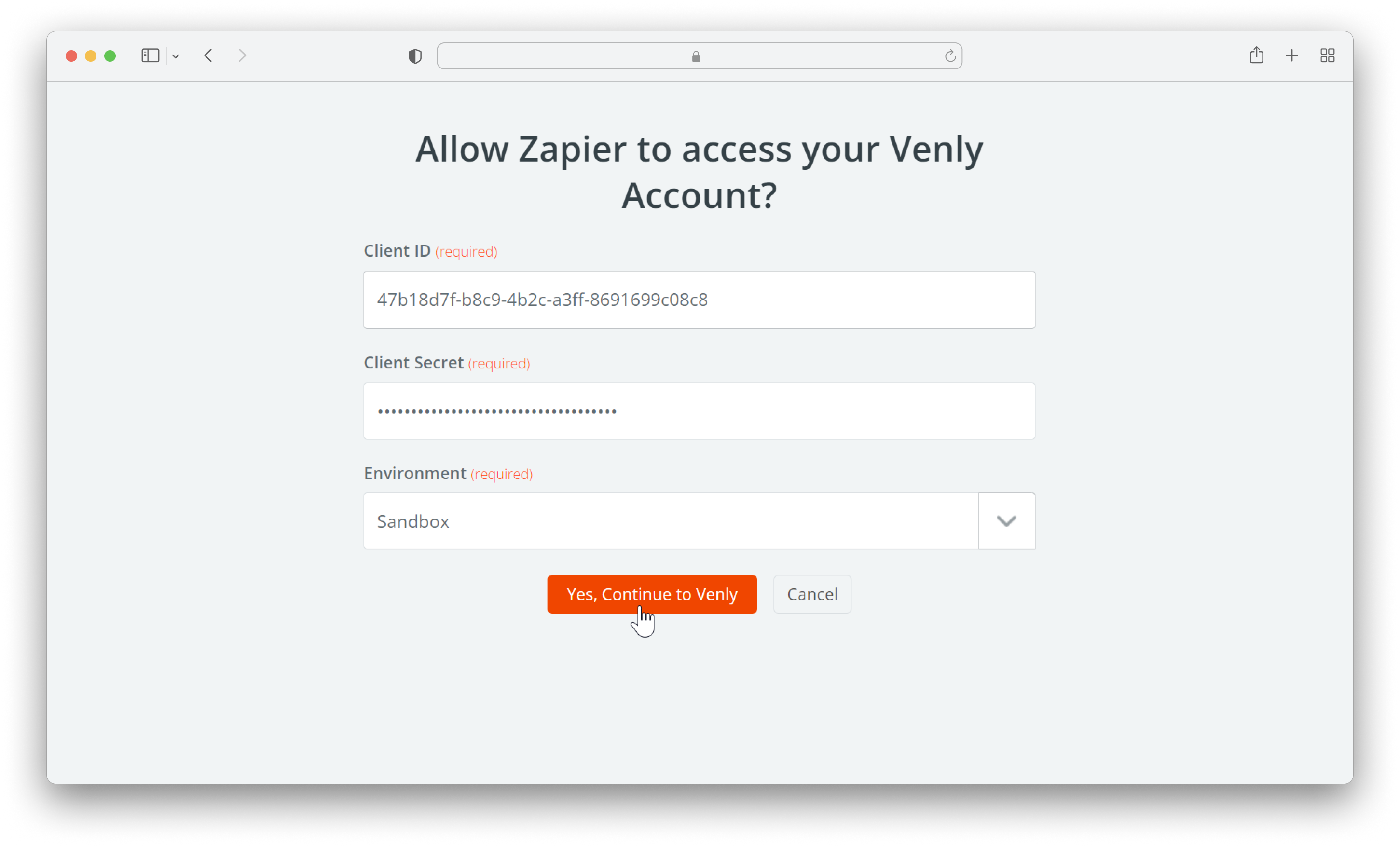 Connect Venly using access credentials