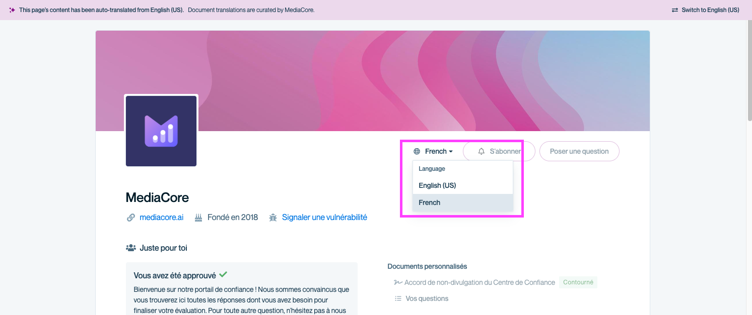 Language picker visible on the customer-facing Trust Center.