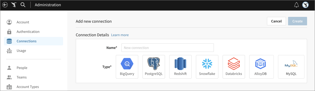 The connections page lists all supported database types, as icons