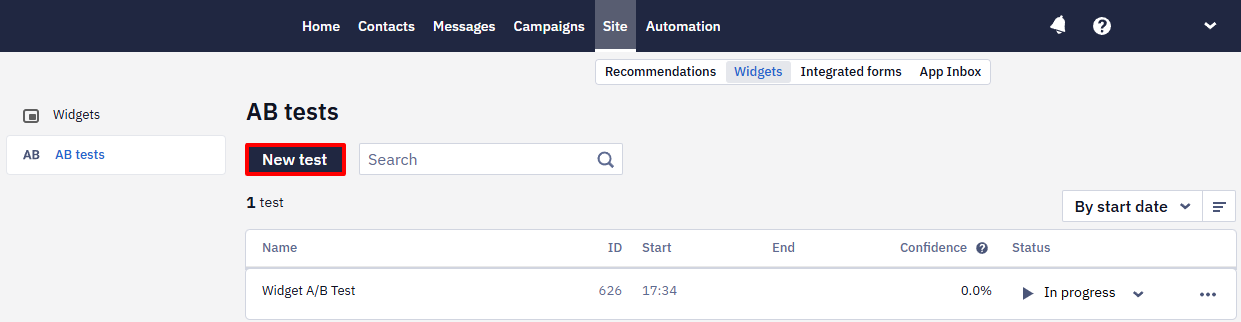 AB tests page with an Install the script on the site banner and the highlighted New test button