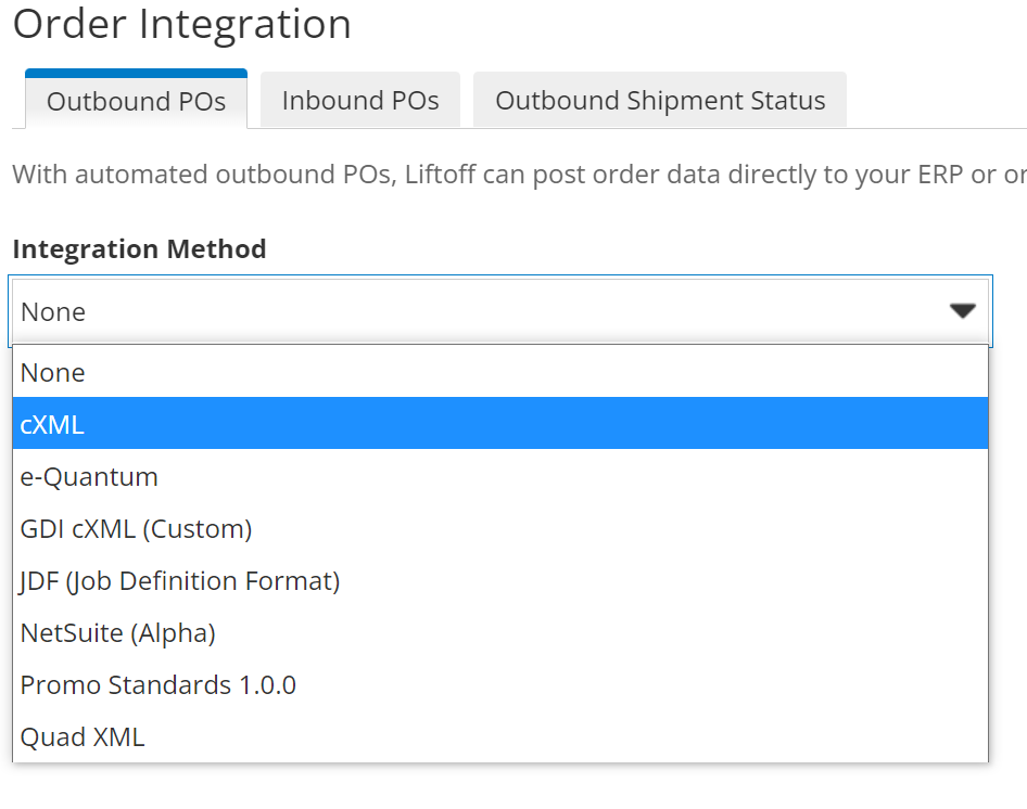 Choose a method from the list of available outbound PO options.