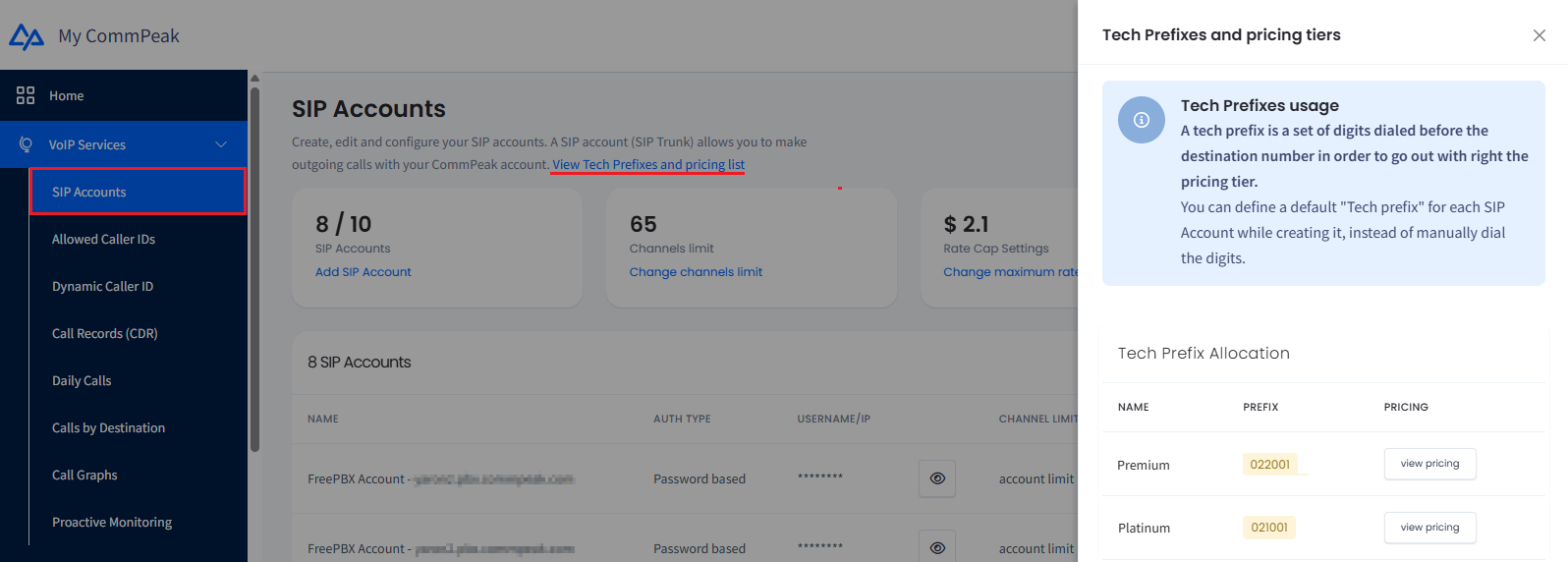 Screenshot of the SIP Accounts tab