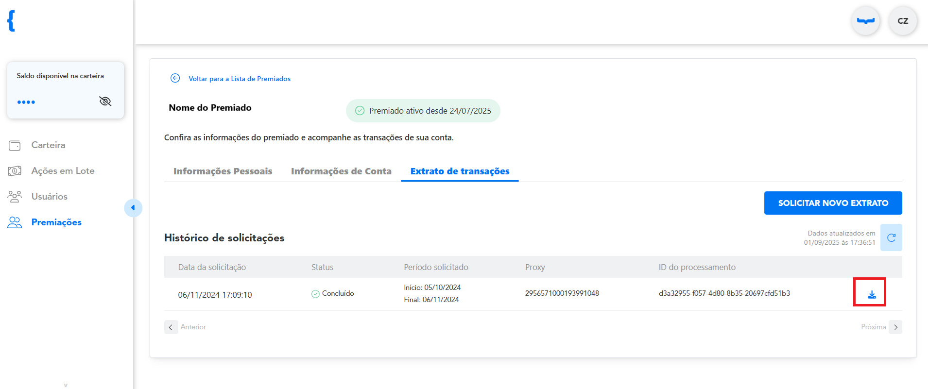 Extrato de transações