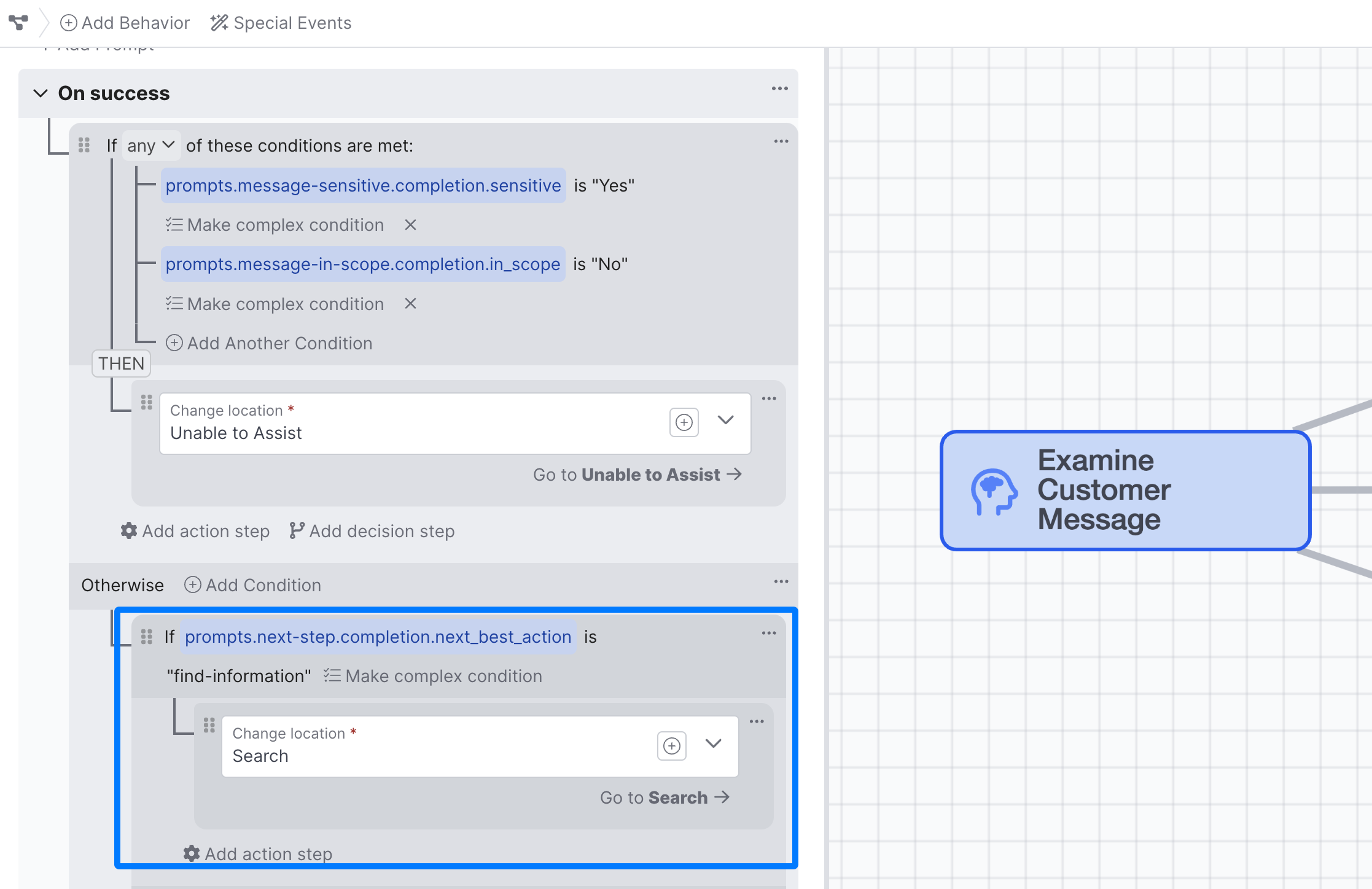 The logic for changing behaviors based on the `next-step` prompt completion, as well as the `sensitive` and `in_scope` prompt completions.