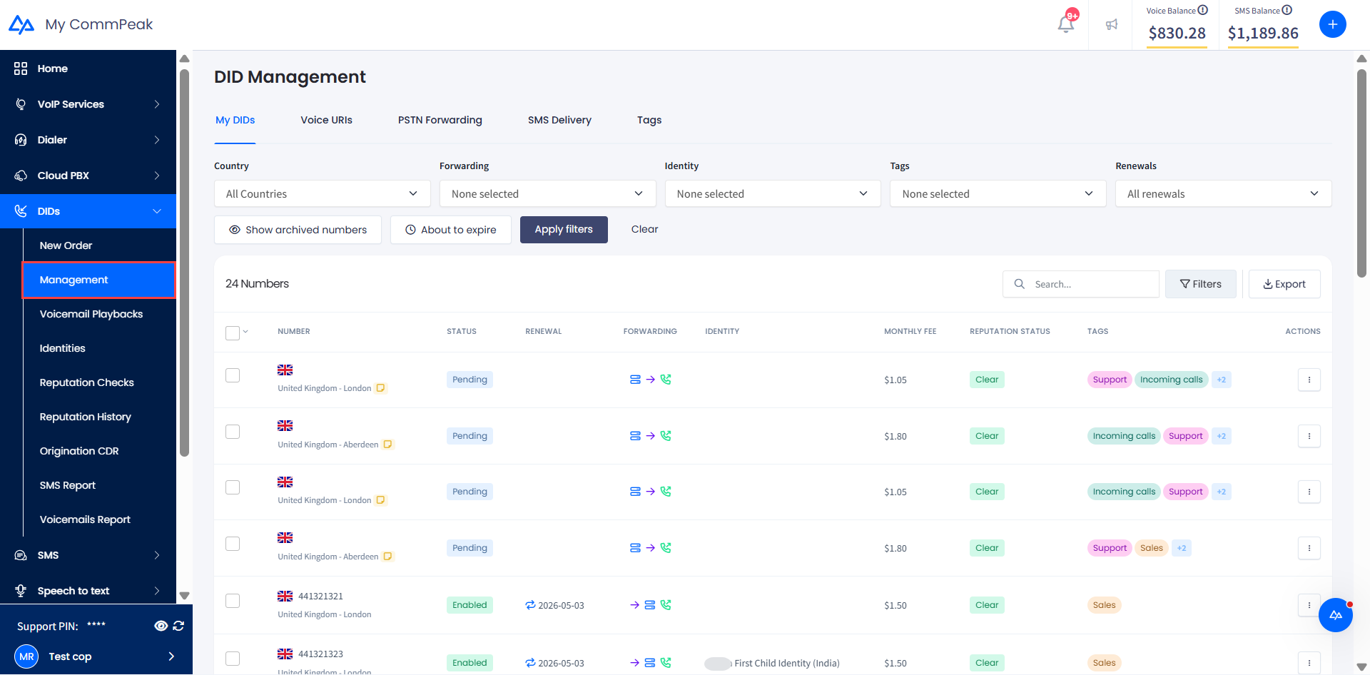 Screenshot of the DIDs > Management tab