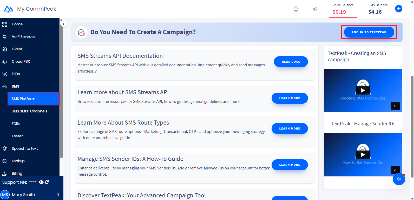 Screenshot of the **LOG-IN TO TEXTPEAK** button
