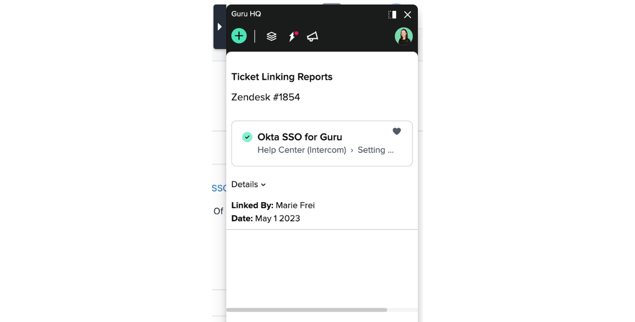 Zendesk ticket linking report in Guru extension.png