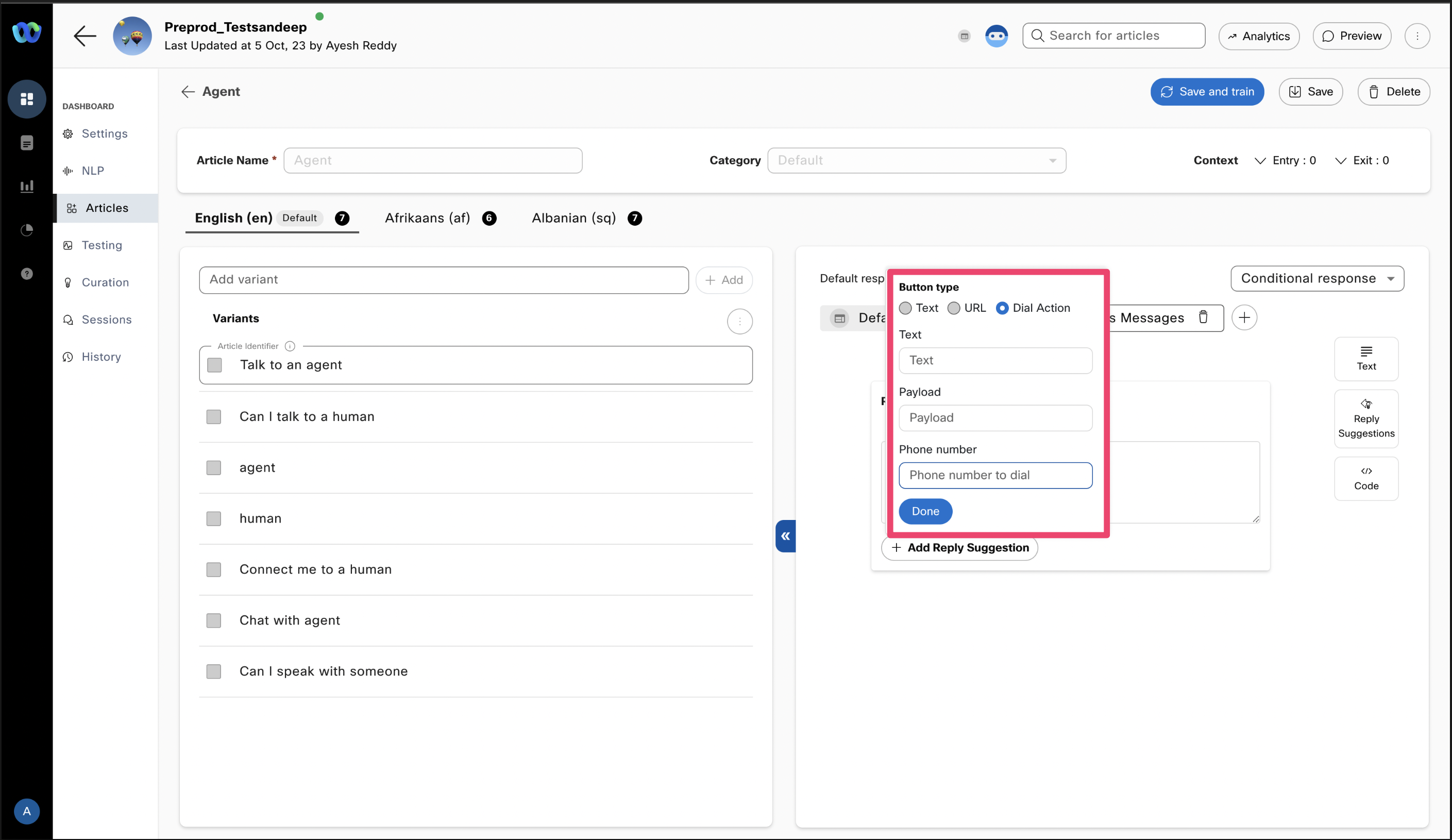 Configuring the Dial action reply suggestion