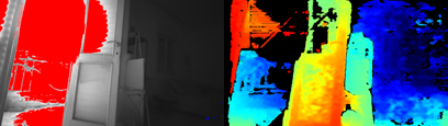 Figure 15. Mixed indoor and outdoor scene using auto-exposure. Note that we have in-painted red color in the left image to indicate regions where we have identified saturation. The corresponding regions on the depth map on the right are showing some streaking artifacts.