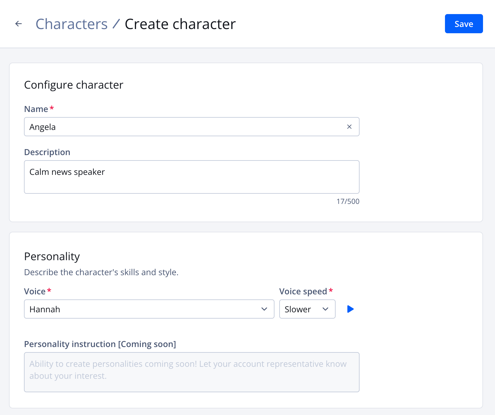 Create character page