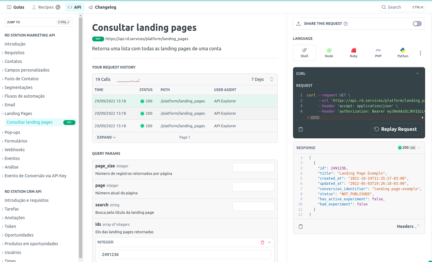 Imagem mostrando o uso da interface do portal de desenvolvedor para consultar de landing page filtrando pelo campo IDs