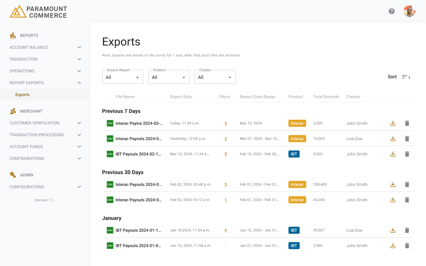 Exports Page