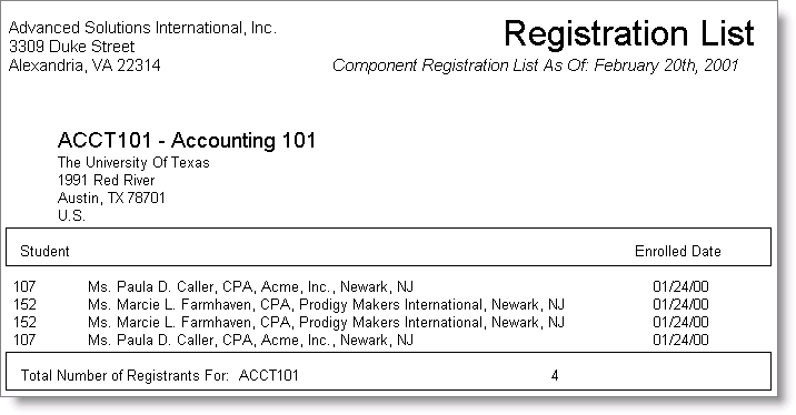Sample Component Registration List report Sample Component Registration List report