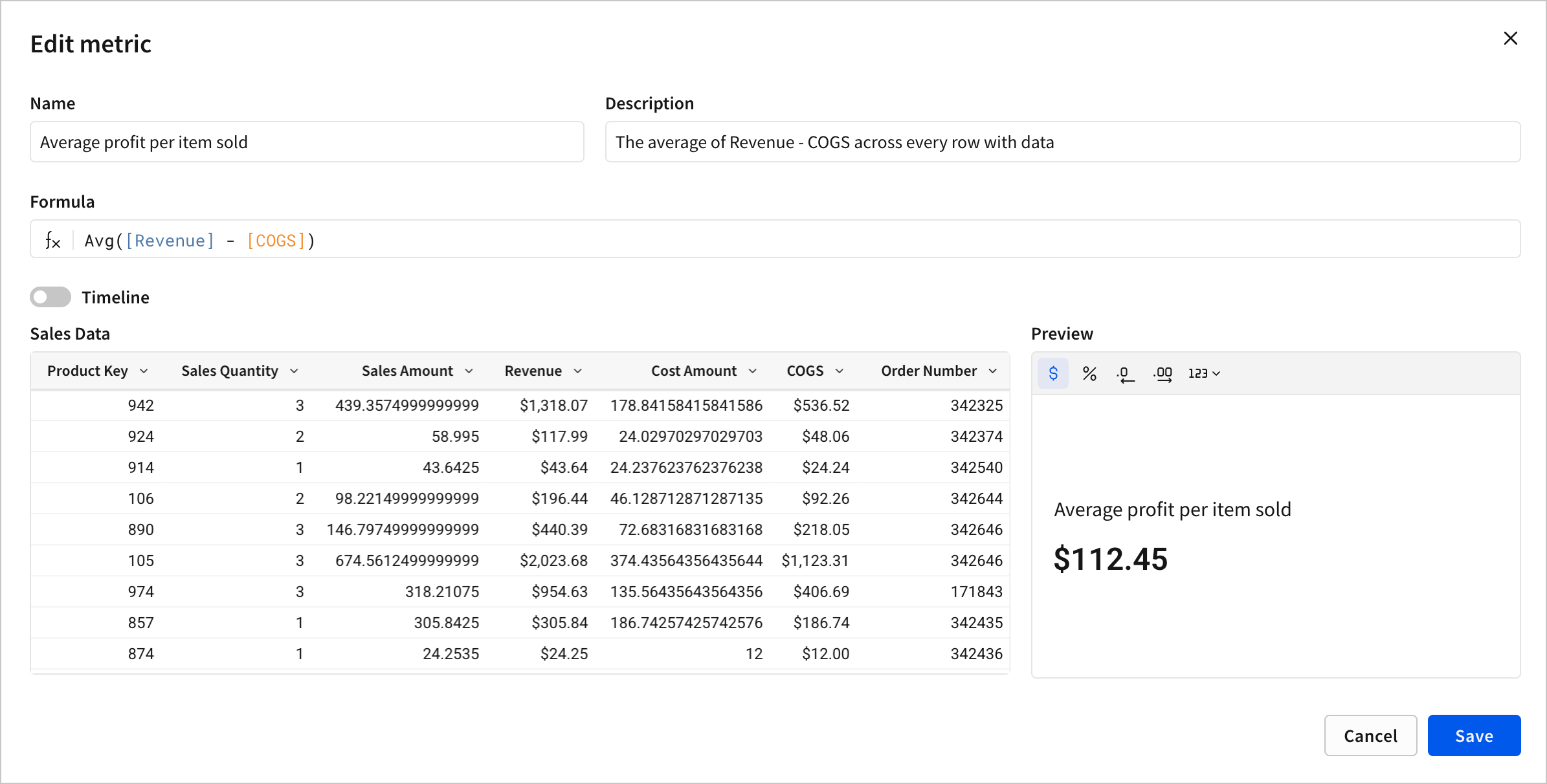 The Sigma Edit metric modal opened in a data model, with the Name text field set to Average profit per item sold, the description set to The average of Revenue - COGS across every row with data, the Formula set to Avg([Revenue]) - [COGS]), and a Sales Data table with revenue and cost statistics next to a preview of a profit per item sold metric displaying an average of $112.45.