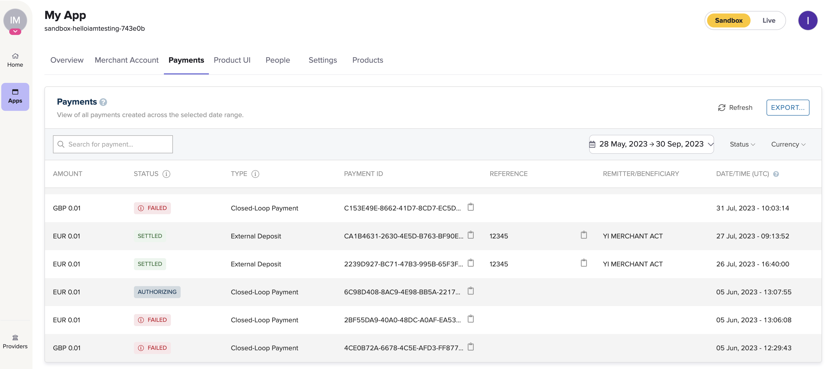 Various different types of payment in the sandbox payment view.