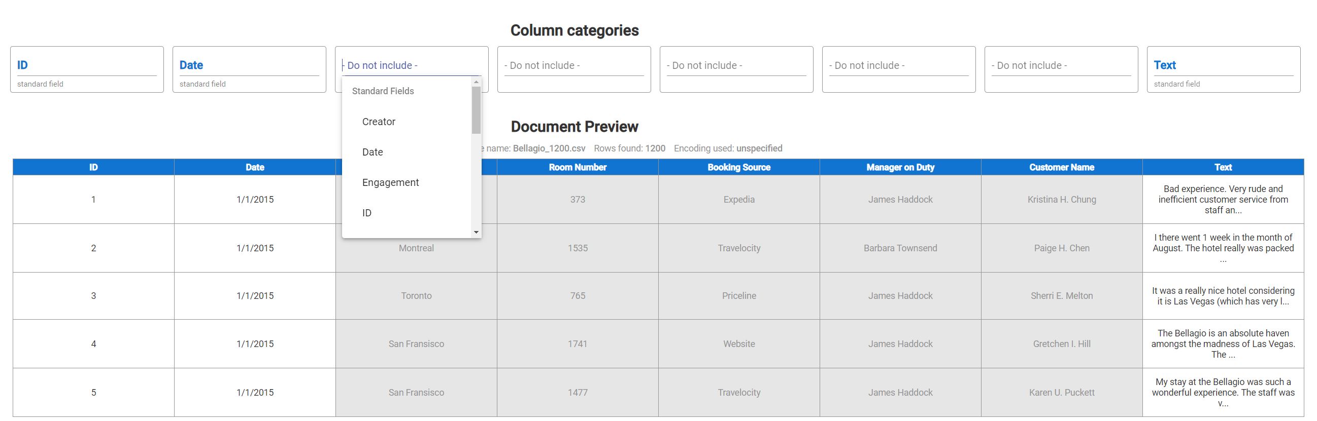 Pick column categories from a drop-down list or create custom categories