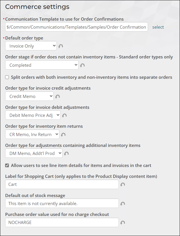 Viewing Commerce settings