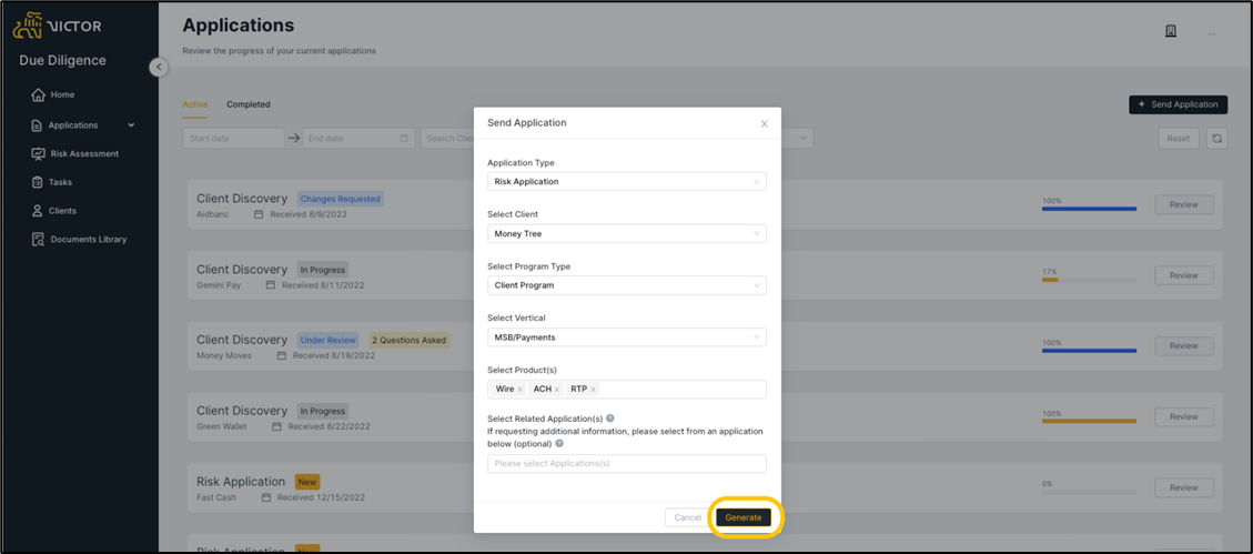 Figure 8. Send application modal - generate