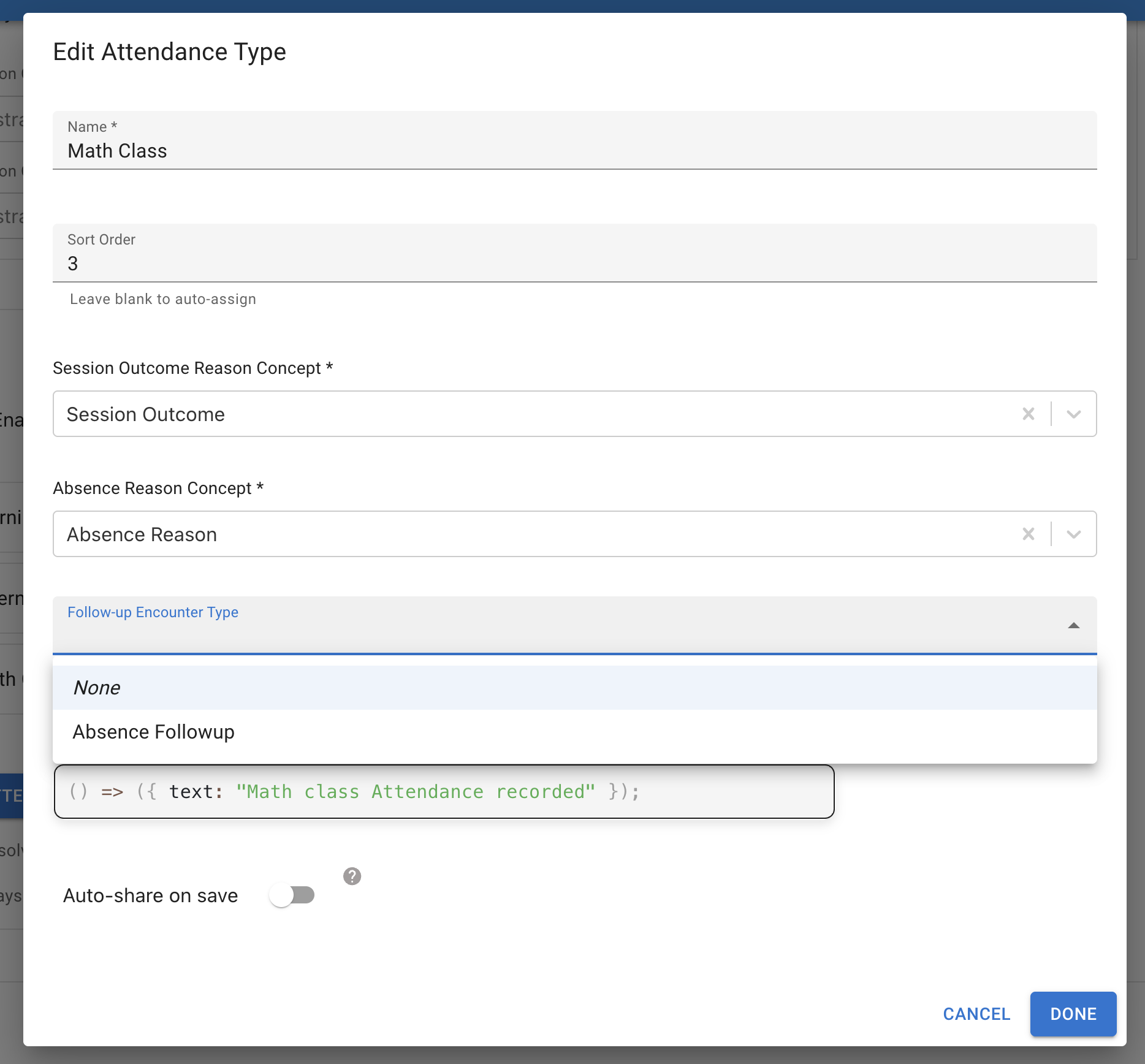 Edit Attendance Type modal for Math Class with all fields populated and the Follow-up Encounter Type dropdown open