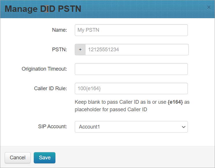 Screenshot of the screen with managing DID PSTN