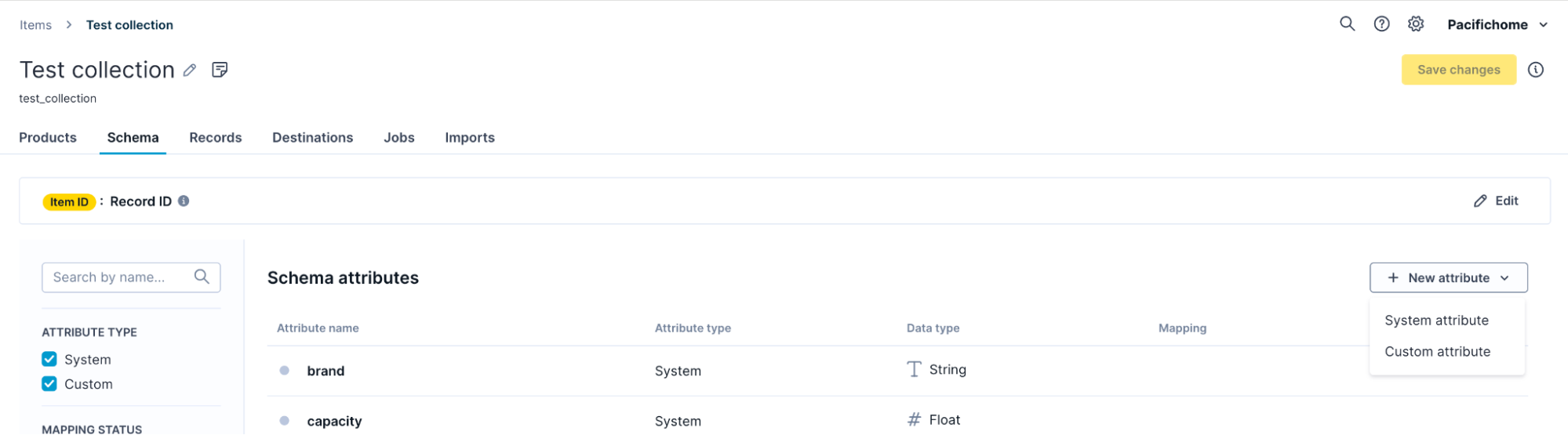 The Schema tab in a Bloomreach Data hub item collection, displaying a list of schema attributes and options to add new attributes.