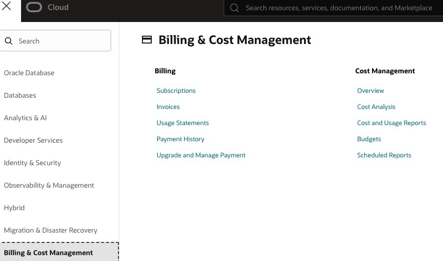 Billing and cost management screen