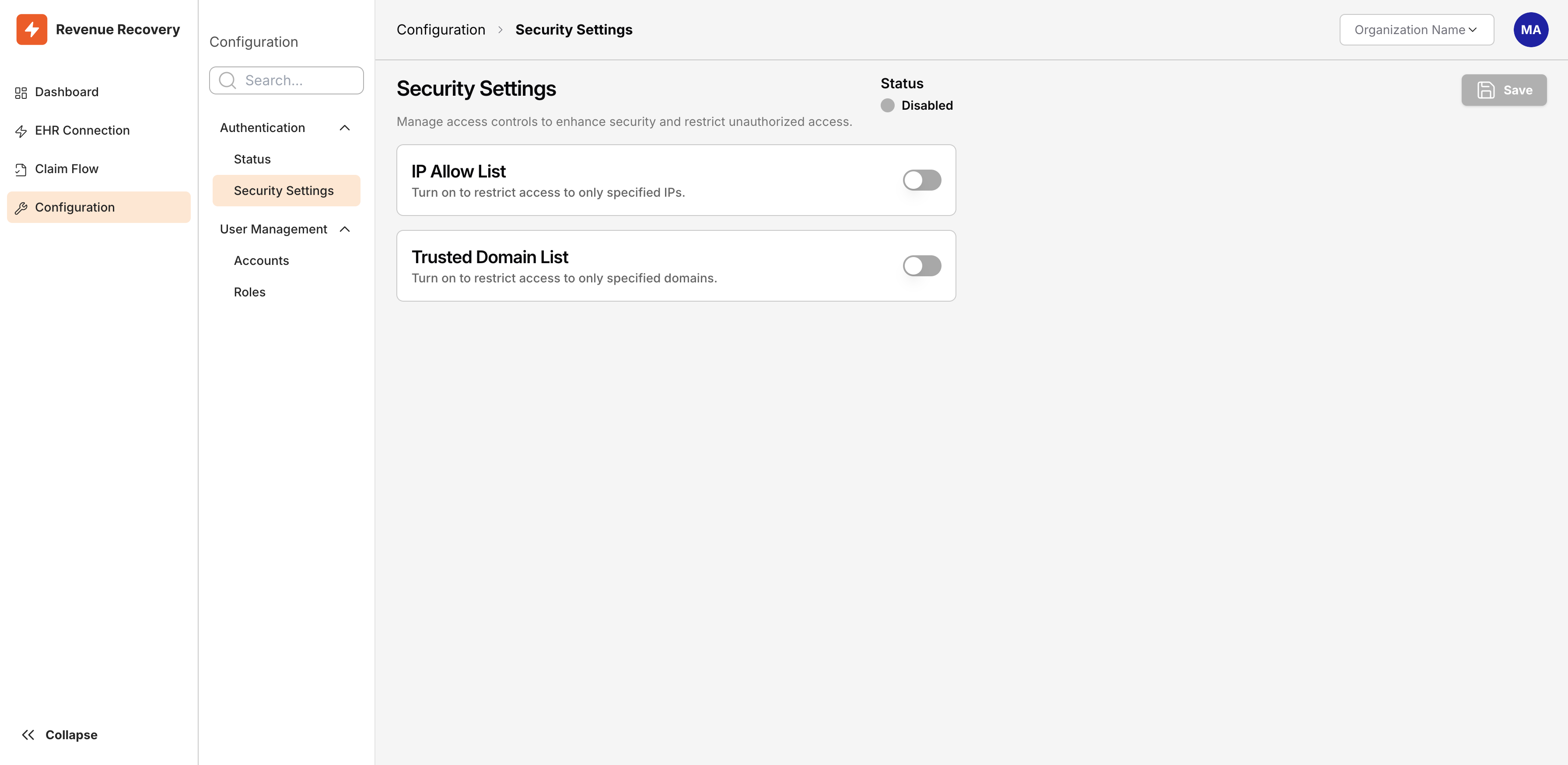 Security Settings Initial State