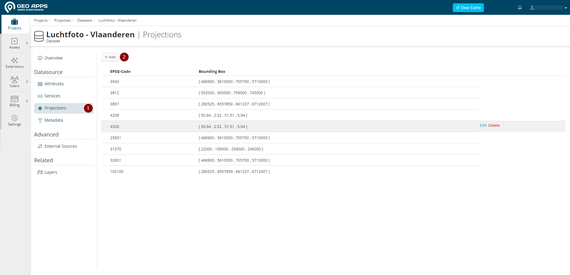 Figuur 4 - Tab 'Projections' onder een External service.