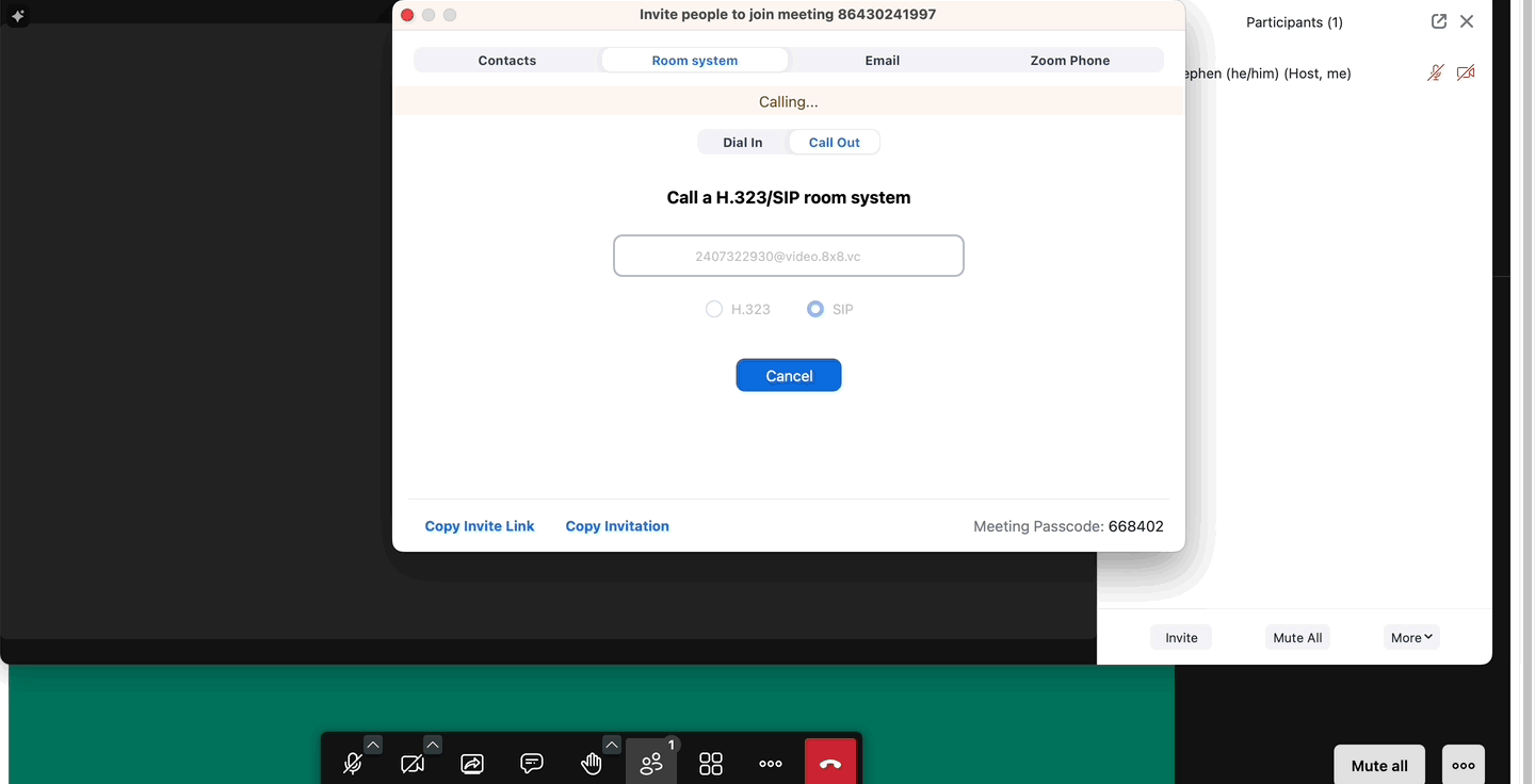 This GIF shows the remaining process to connect through Zoom via SIP