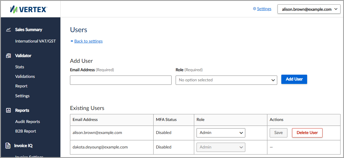 View a list of existing users, or add a new user.