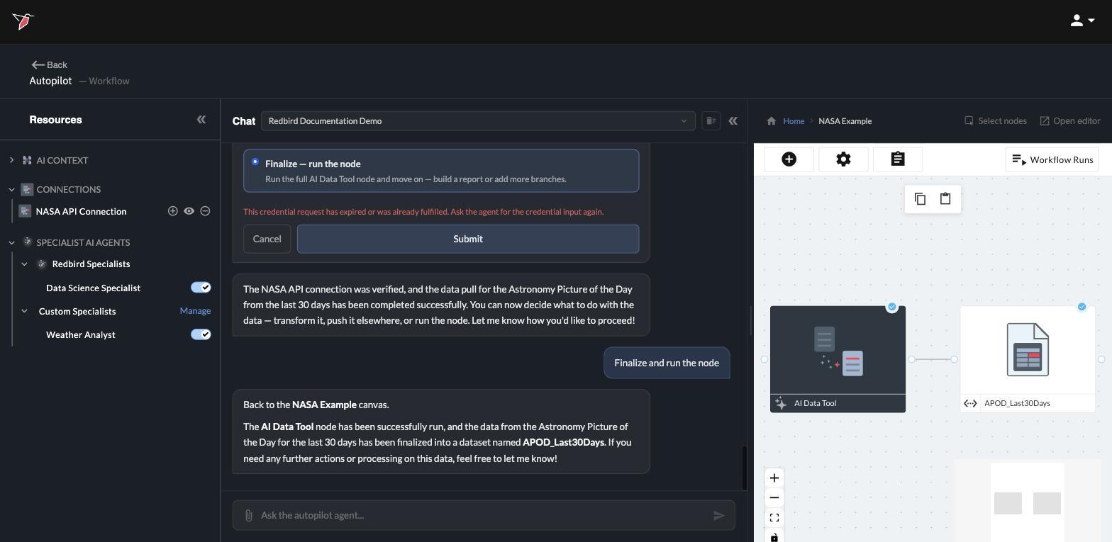 The Resources panel at the workflow level, with Connections and Specialist AI Agents expanded
