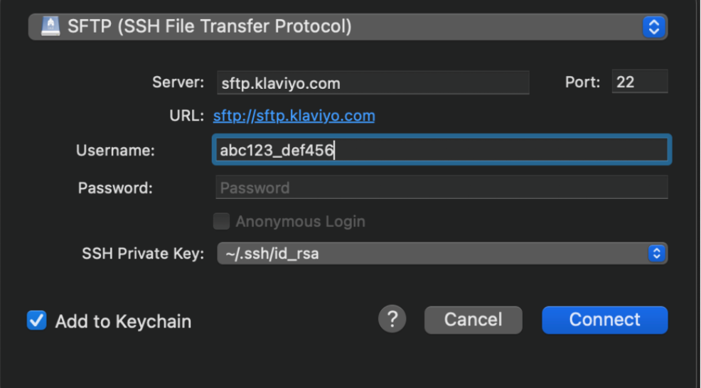 SFTP connection details with server, URL, username, password, and private key settings