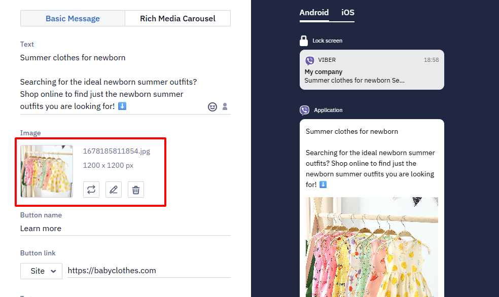 Image field with an uploaded product photo highlighted, showing its filename and dimensions.