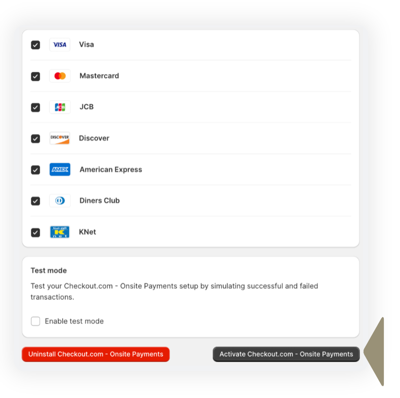 Click the **Activate Checkout.com—Onsite Payments** button