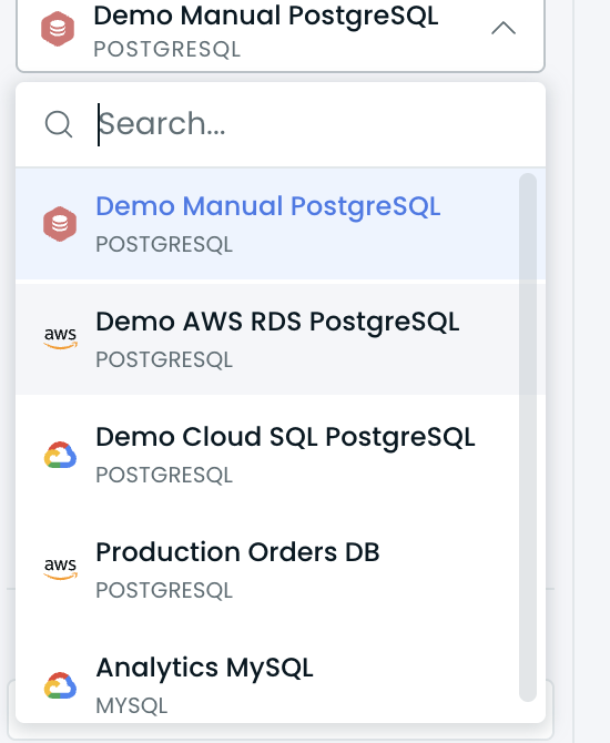 Select database server picker listing self-managed, AWS RDS, Cloud SQL, and MySQL instances side by side