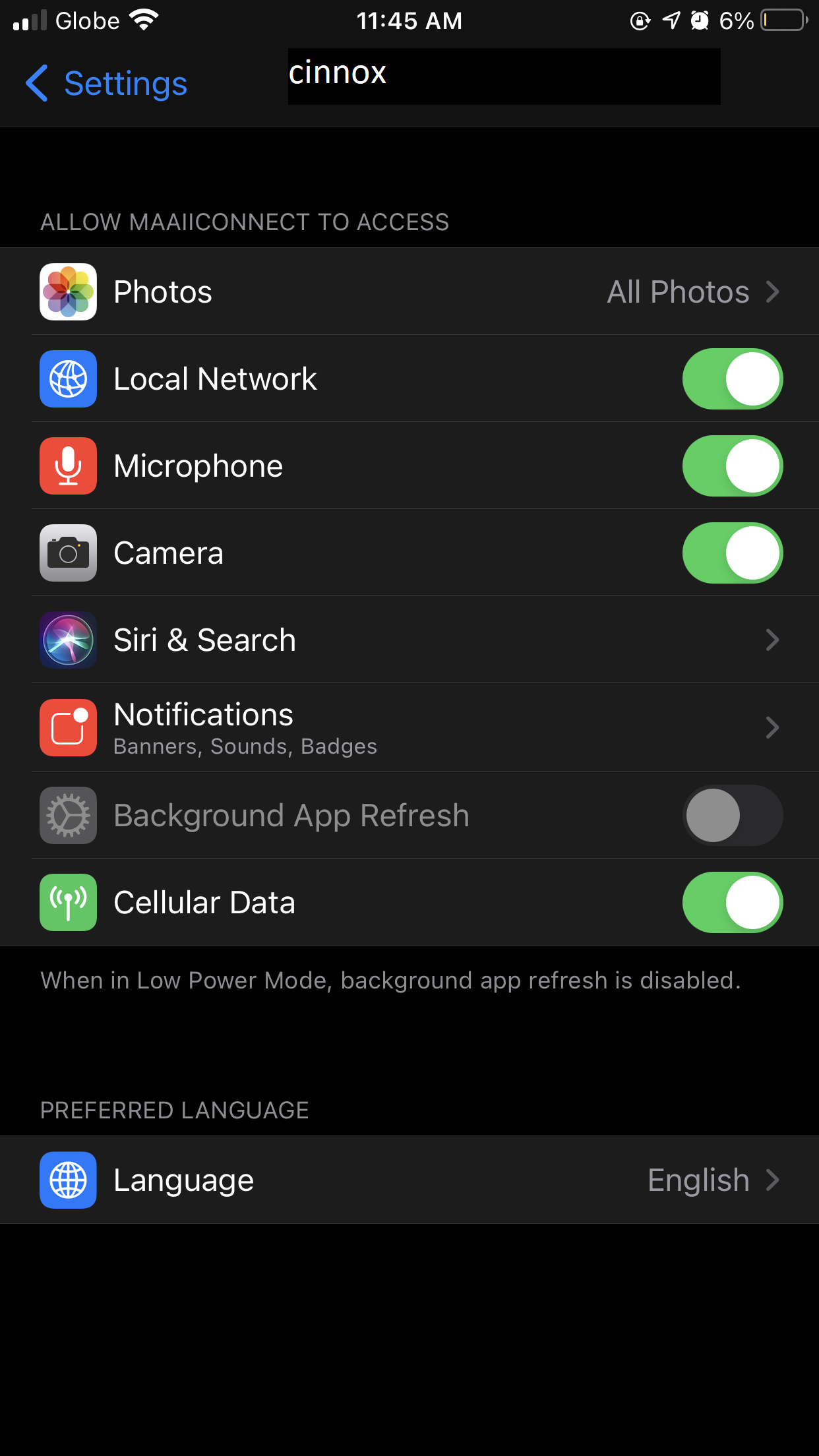 CINNOX App iOS settings